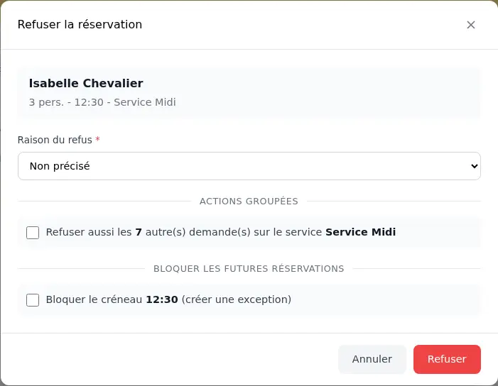 Fenêtre de refus avec actions groupées